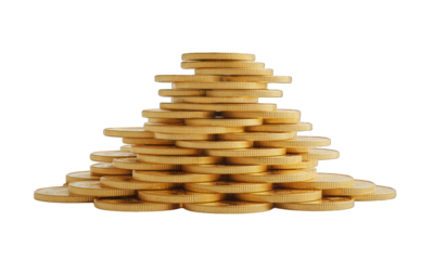 Stacked gold coins form pyramid on black background, financial theme