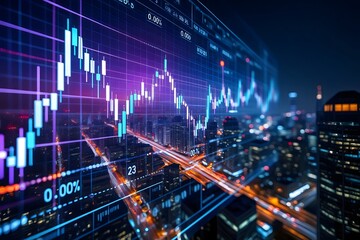 Stock market analysis and trading platform with financial data and city background