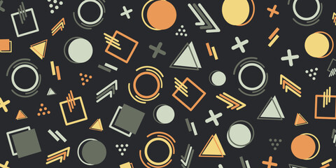 Abstract pattern with geometric shapes including circles squares and triangles in orange yellow and gray tones on a dark background creating a modern stylish design