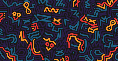 Abstract pattern with colorful geometric doodle lines in red yellow blue and orange tones on a dark background creating a modern vibrant design for textile, wallpaper and digital decoration
