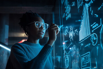Naklejka premium Young adult Black businesswoman illustrating financial trends on a digital smartboard, in a futuristic office with glowing ambient lights and high-tech interactive displays