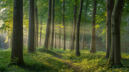 Naklejka premium Sunlight filtering through tall trees in a lush green forest