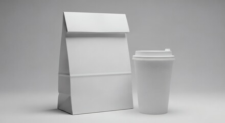 A white paper bag stands next to a white disposable coffee cup with a lid, presented against a plain, light background.