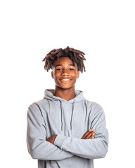 Smiling black teenage boy with arms crossed in a portrait