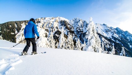 Skier in Blue Jacket Descends Snowy Mountain Slope Under Bright Blue Sky.