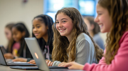 Group of smiling diverse girls using laptops in a classroom setting during a school lesson time