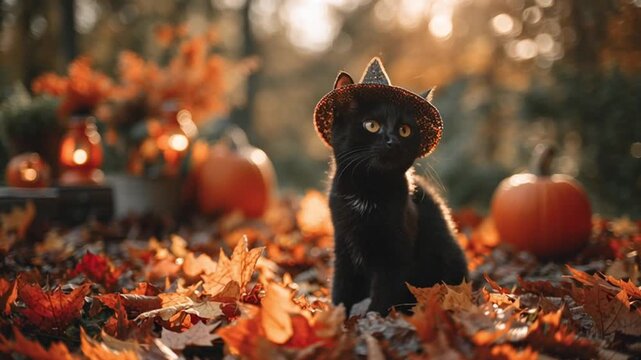adorable black kitten wearing a tiny witch hat, sitting on a pile of colorful autumn leaves with small pumpkins around