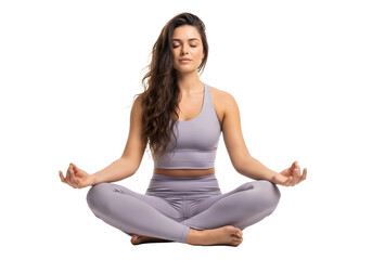 Woman in lotus position meditating eyes closed calm on transparent background