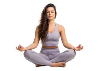 Woman in lotus position meditating eyes closed calm on transparent background