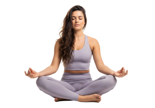 Woman in lotus position meditating eyes closed calm on transparent background