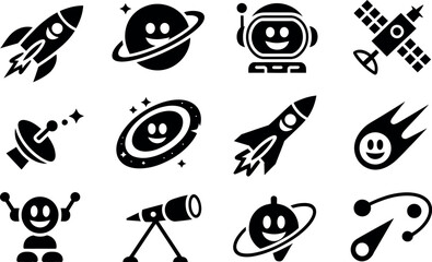 Happy Space Icons: Rockets, Planets, Astronauts, and Satellites in Bold Black