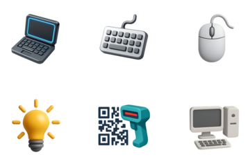 Collection of six modern digital technology icons including a laptop computer keyboard mouse lightbulb scanner and desktop computer