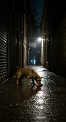 Naklejka premium Street Dog Eating Food in Alleyway at Night, Urban Landscape