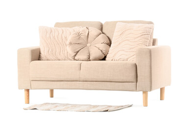 Modern beige sofa with cushions isolated on white background