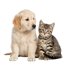 Obraz premium golden retriever puppy and kitten together on Isolated transparent background png. generated with AI