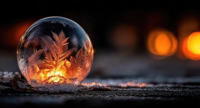 Frozen soap bubble, intricate frost patterns, warm orange light