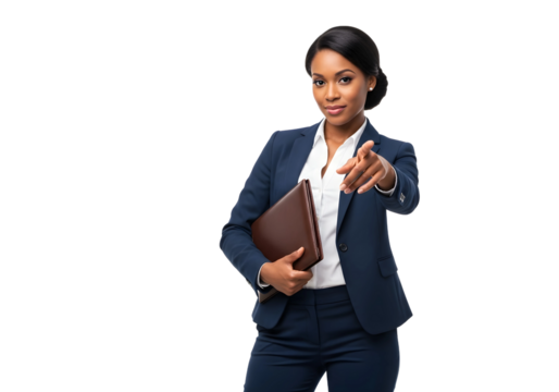 Businesswoman pointing holding a brown folder pose on transparent background