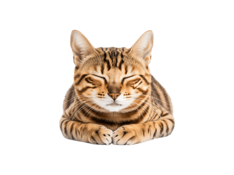 Sleeping cat curled up, fluffy tabby feline resting peacefully