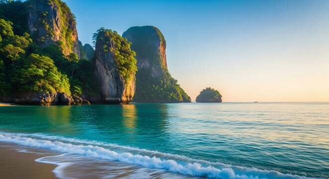 Panoramic view of turquoise water lapping a sandy beach, with dramatic Karst Limestone Towers rising from the sea under a vibrant sunrise, conveying a serene and - Powered by Adobe