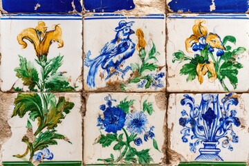 Ornate, colorful ceramic tiles with floral and bird motifs