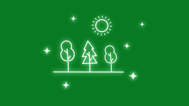 "Animated Nature Landscape Icon Animation Showing Sun, Trees, Hill, Sparkling Stars, Eco Environment, Minimal Line Art, Outdoor Wilderness, Scenic Beauty"