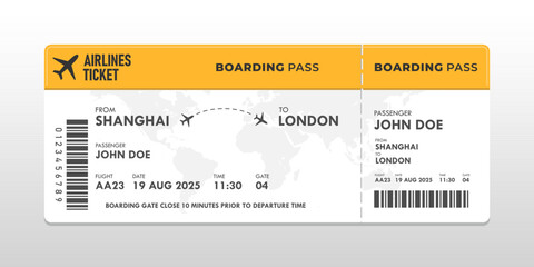  Boarding pass ticket object template. yellow and white commercial Airplane ticket template. Vector illustration of Airline flight pass concept.  © Ramosh Artworks