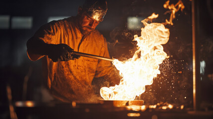 A blacksmith working with fire and metal in a dark workshop with protective eyewear and gloves on