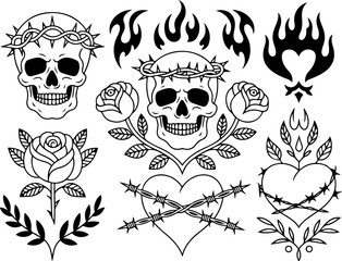 Fototapeta premium Skull & Sacred Heart Tattoo Flash Bundle | Gothic Line Art Set