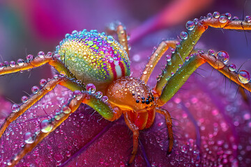 Fototapeta premium Colorful Spider with Dew Drops on Plant Leaf