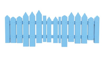 A light blue picket fence with varied height pickets against a stark white backdrop