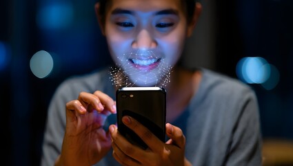 Woman using face id on smartphone for secure access and mobile payment technology scan app