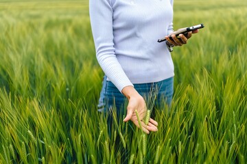Woman inspecting wheat field with tablet for agriculture farming and crop management tech