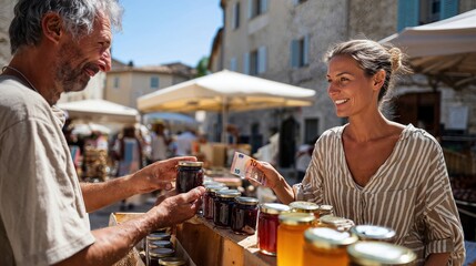 Une femme achete du miel artisanal a un producteur sur un marche