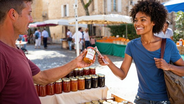 Une femme achete du miel artisanal sur un marche provencal ensoleille