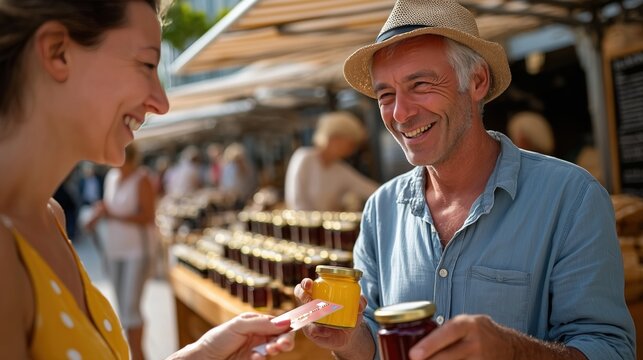 Homme souriant vendant du miel artisanal a une cliente sur un marche