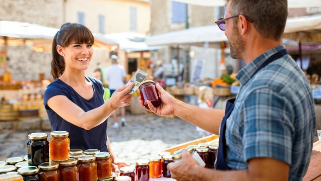 Un vendeur souriant echange un pot de confiture contre de l'argent