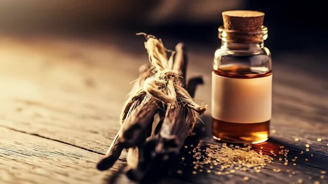 Dark rich vanilla beans tied with natural twine warm lighting on rustic wood with extract bottle