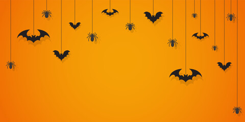 Halloween hanging bats, spiders banner spooky silhouette scene on vibrant orange background, perfect for seasonal party decor, haunted event backdrop, craft festive holiday marketing poster template