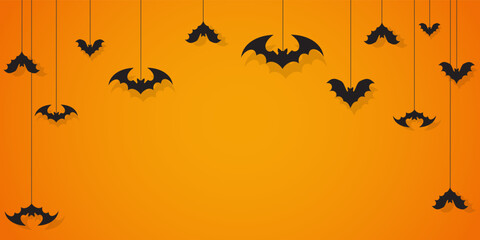 Halloween bats hanging as spooky paper silhouettes against vibrant orange background, festive vector decorations creating eerie atmosphere for seasonal party decor, craft projects spooky home display