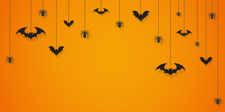 Halloween hanging bats, spiders banner spooky silhouette scene on vibrant orange background, perfect for seasonal party decor, haunted event backdrop, craft festive holiday marketing poster template