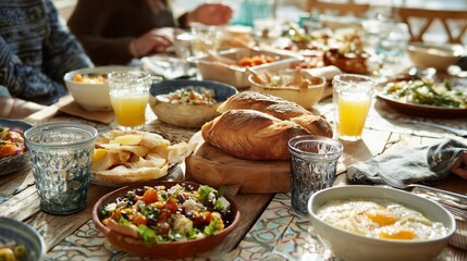 Breakfast gathering featuring diverse dishes and fresh ingredients at a cozy table during a sunny morning in a vibrant setting