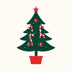 Stylized Christmas Tree with Red Star, Ornaments, and Candy Canes in Pot