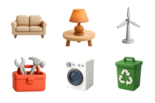 Collection of six diverse 3d rendered icons representing home furnishings appliances and renewable energy on a black background