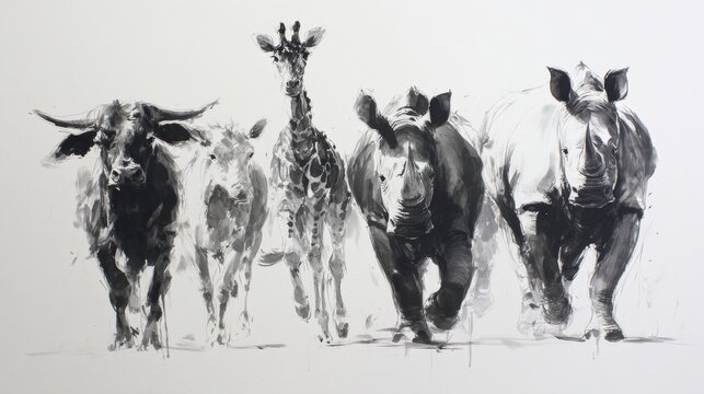 Fototapeta Clean, expressive strokes capturing the essence of animals with minimal detail in white background