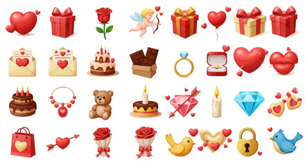 Unique Valentine 4D Vector Icons Set Realistic Glossy Metallic Cartoon Realistic and Crystal Styles
