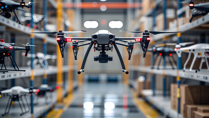 A drone navigates a warehouse aisle, surrounded by shelves of goods, highlighting the efficiency of automated logistics