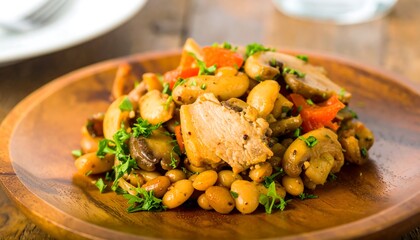 Close up of a dish with seasoned chicken, beans, and vegetables.