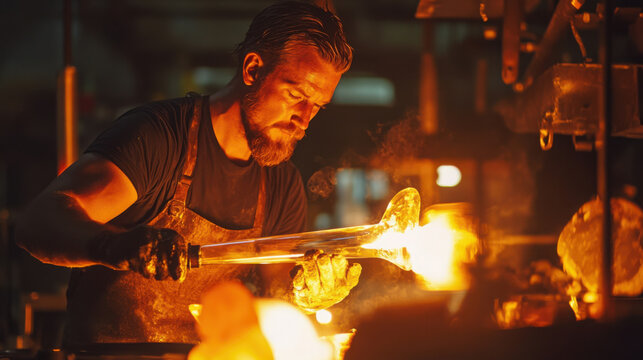 Man shaping molten glass with tools in a dark workshop illuminated by the bright orange glow of the furnace - Powered by Adobe