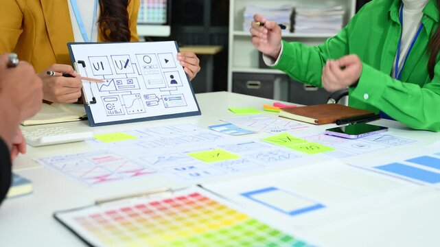 UX graphic designer planning application process development prototype wireframe for web smart phone. Creative digital development agency.