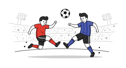 Two cartoon soccer players kicking a ball on a stadium field. © NFS Studio